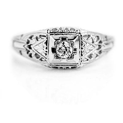 Art Deco .15 CTW Filigree European Cut Diamond Vintage Engagement Ring