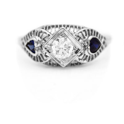 Art Deco .45 CTW Old European Cut Diamond Heart Shaped Sapphire Vintage Engagement Ring