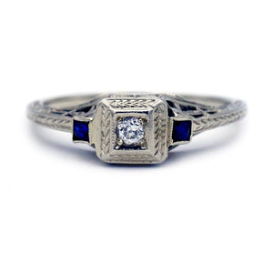 Art Deco .18 CTW Old Mine Cut Diamond Sapphire Square Filigree Vintage Engagement Ring - Vintage Diamond Ring