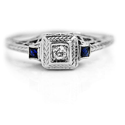 Art Deco .18 CTW Old Mine Cut Diamond Sapphire Square Filigree Vintage Engagement Ring