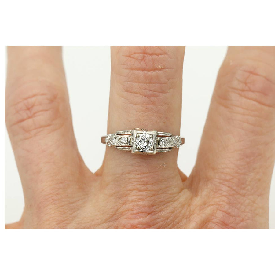 Antique .36 CTW Old Euro Diamond 14 Karat White Gold Art Deco Engagement Ring