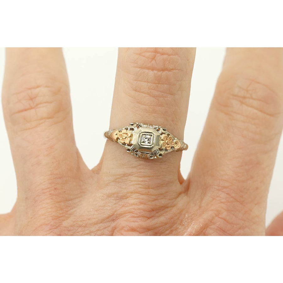Mid-Century .05ct Diamond Two-Tone Floral Ring | F VS2 10k White & Rose Gold Octagon