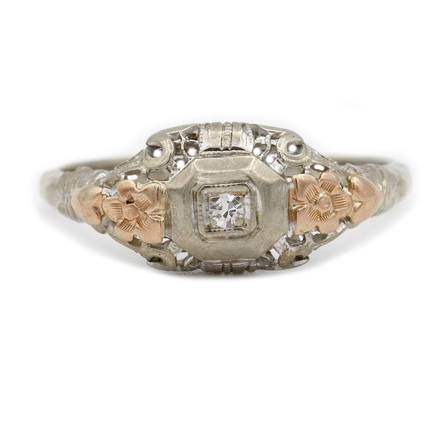Mid-Century .05ct Diamond Two-Tone Floral Ring | F VS2 10k White & Rose Gold Octagon
