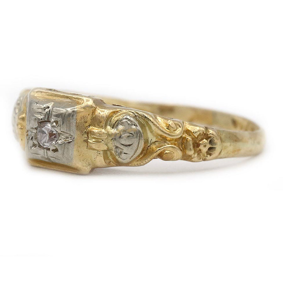 Vintage Diamond Engagement Ring .05ct Mine Cut 14K Two Tone Petite Ring