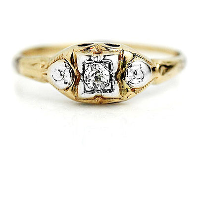 Late Art Deco .10 Ct Two Tone Diamond Antique Engagement Ring