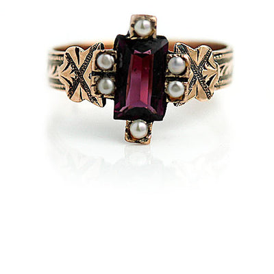 Victorian .75 CTW Rectangular Cut Purple Tourmaline & Pearl Gemstone Engagement Ring