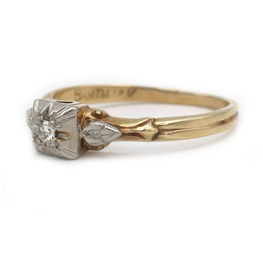 Vintage Two-Tone .08ct Diamond Solitaire | 1940s Fluted Band & Filigree Setting