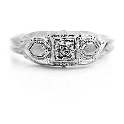 Petite Antique .05 CTW Art Deco Diamond 10K White Gold Engagement Ring Filigree Engravings