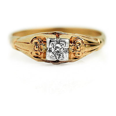 Mid-Century .10 CTW Solitaire Diamond Vintage Engagement Ring with Filigree Band