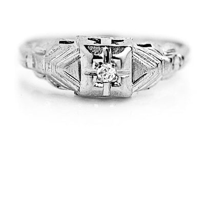 ntique .05 CTW 14 Karat White Gold Art Deco Engagement Ring with Tiered Side Engravings