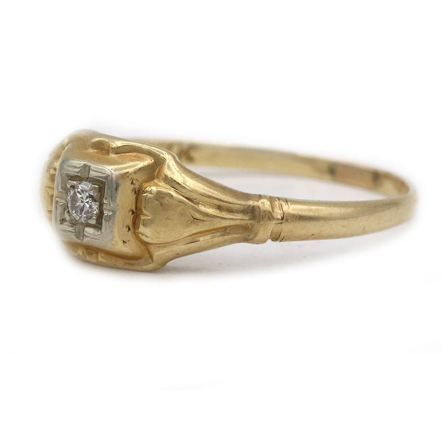 Mid-Century Petite Old European Cut Diamond Engagement Ring in Two-Tone Gold