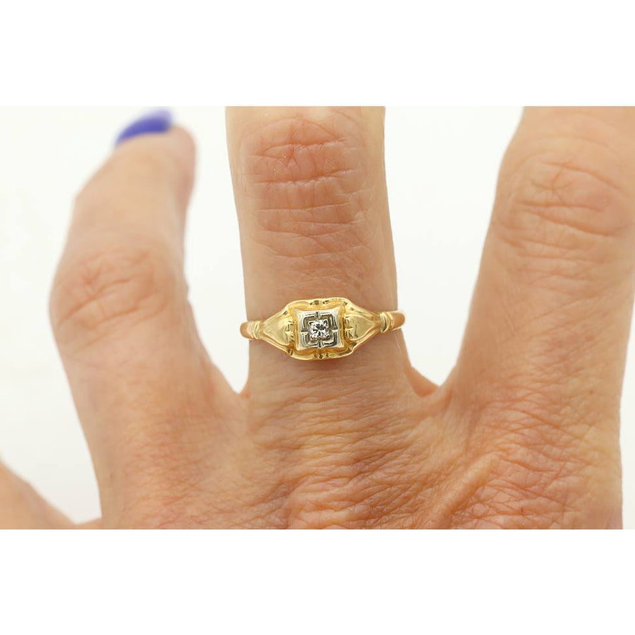 Mid-Century Petite Old European Cut Diamond Engagement Ring in Two-Tone Gold