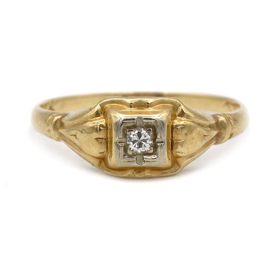 Mid-Century Petite Old European Cut Diamond Engagement Ring in Two-Tone Gold