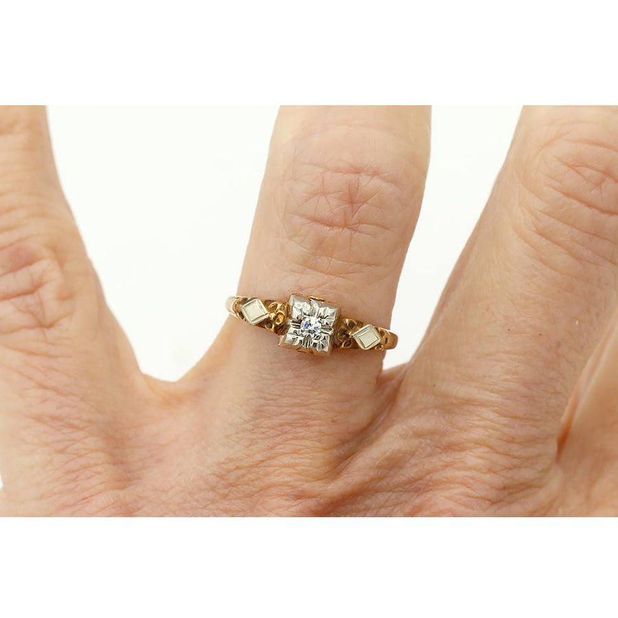 Vintage 1940s Two-Tone .05ct Diamond Solitaire | 14k White & Rosy Gold Filigree Engagement Ring
