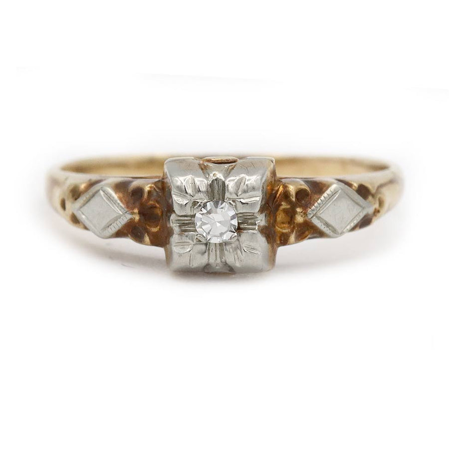 Vintage 1940s Two-Tone .05ct Diamond Solitaire | 14k White & Rosy Gold Filigree Engagement Ring