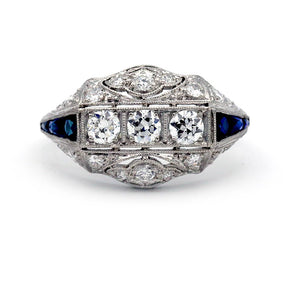 Rare Antique 1.40 CTW Three Stone Vintage Engagement Ring with Sapphire Sidestones - Vintage Diamond Ring