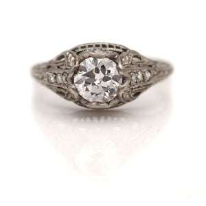 Art Deco .98 CTW European Cut Diamond Engagement Ring Shoulder Set Diamonds GIA E/SI2