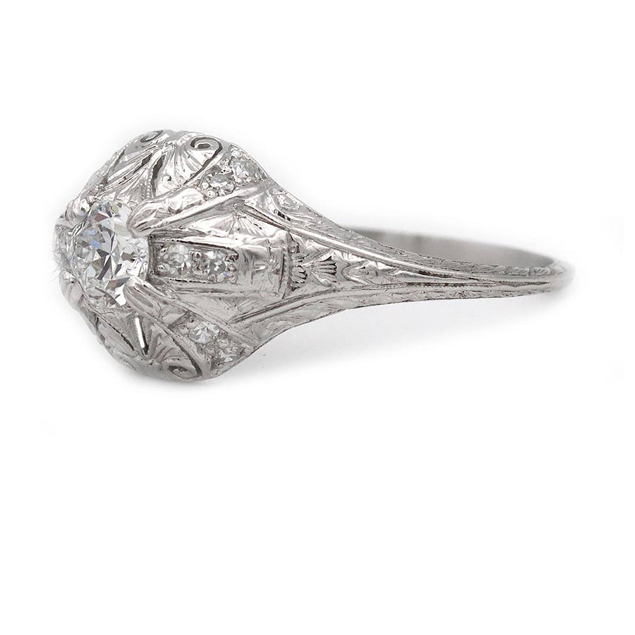 Art Deco Old European Cut Diamond Engagement Ring .41 Carat GIA E VS2 Platinum Filigree Antique Ring