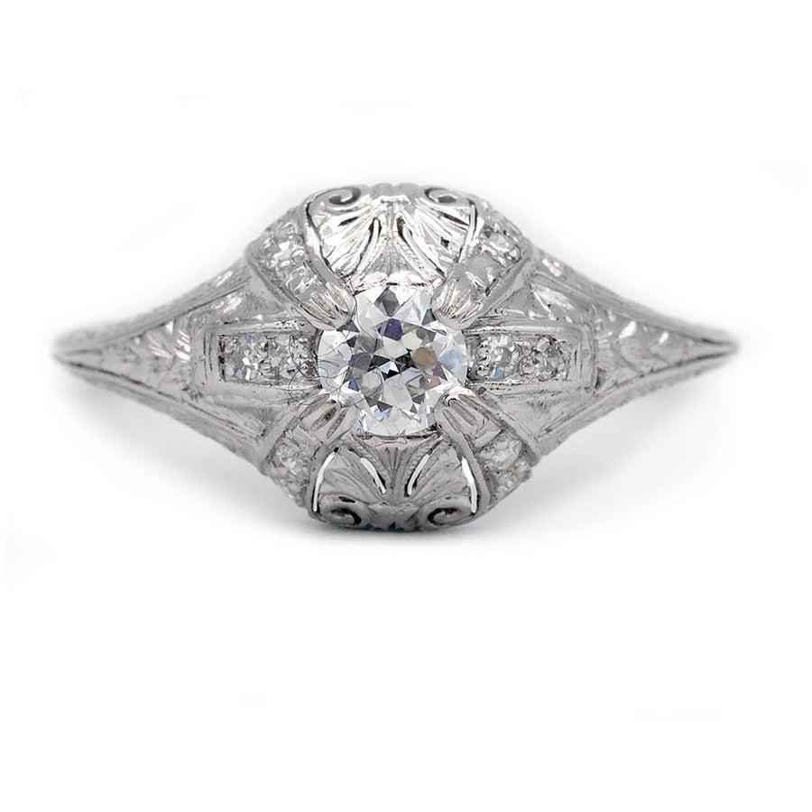 Art Deco Old European Cut Diamond Engagement Ring .41 Carat GIA E VS2 Platinum Filigree Antique Ring