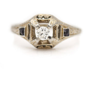 Art Deco .30 CTW European Cut Diamond Sapphire Antique Engagement Ring