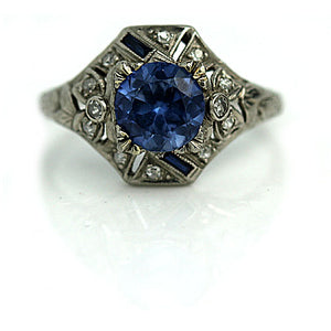 Art Deco 1.90 CTW Blue Gemstone Sapphire & Diamond Gemstone Engagement Ring
