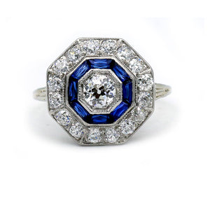 Art Deco Diamond & Sapphire Halo Engagement Ring - Vintage Diamond Ring