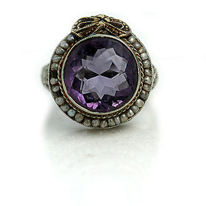 Antique Bezel Set 5.00 CTW Amethyst Pearl Halo Vintage Engagement Ring - Vintage Diamond Ring