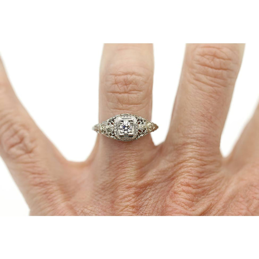 Art Deco .20 Ct Old European Cut Diamond Floral Engagement Ring