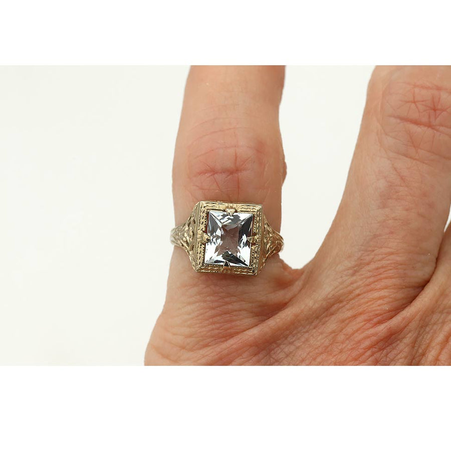 Art Deco 1.50 Ct Square Cut Aquamarine Antique Engagement Ring
