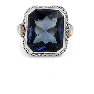 Mid-Century 7.00 CTW Synthetic Blue Gemstone 14 Karat Two Tone Vintage Cocktail Ring