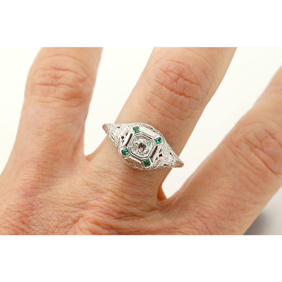 Missi: .40 CTW Old Mine Cut Diamond and Emerald Art Deco Ring (1930s)