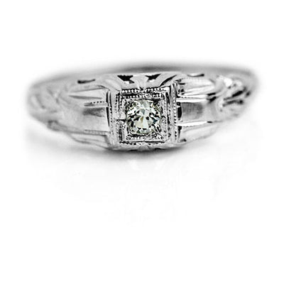 Petite Ring .08 CTW 14 Karat White Gold Antique Engagement Ring with Milgrain 