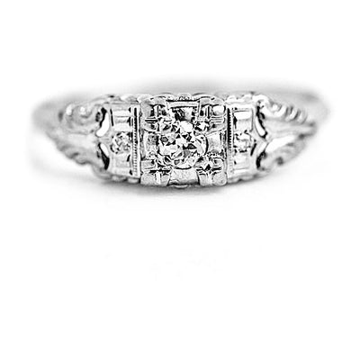 Art Deco .20 CTW European Cut Diamond 14 Karat White Gold Antique Engagement Ring 