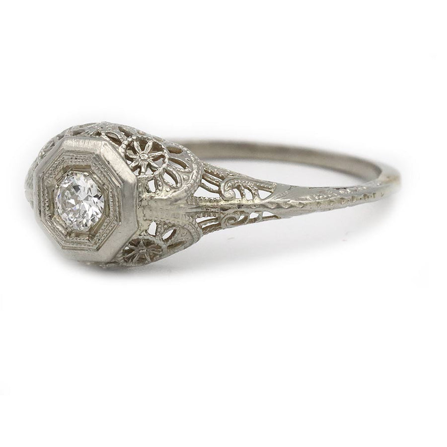 Antique 1920s .20ct Old European Cut Diamond Engagement Ring | F VS2 18k White Gold Filigree Octagon