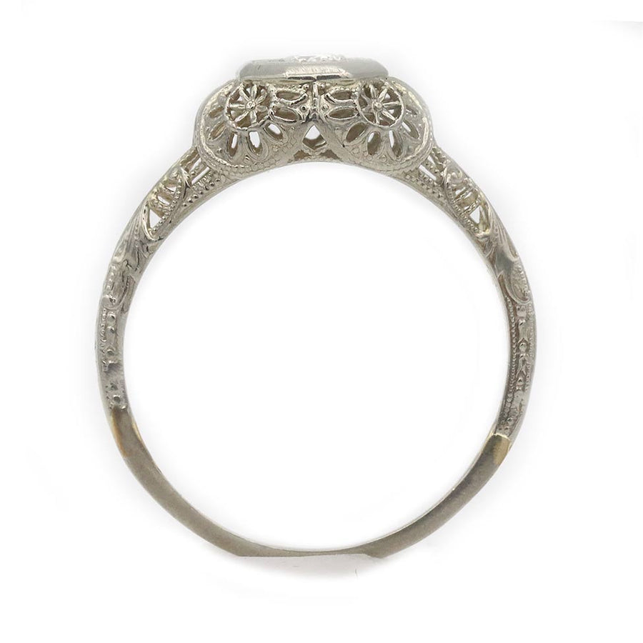 Antique 1920s .20ct Old European Cut Diamond Engagement Ring | F VS2 18k White Gold Filigree Octagon