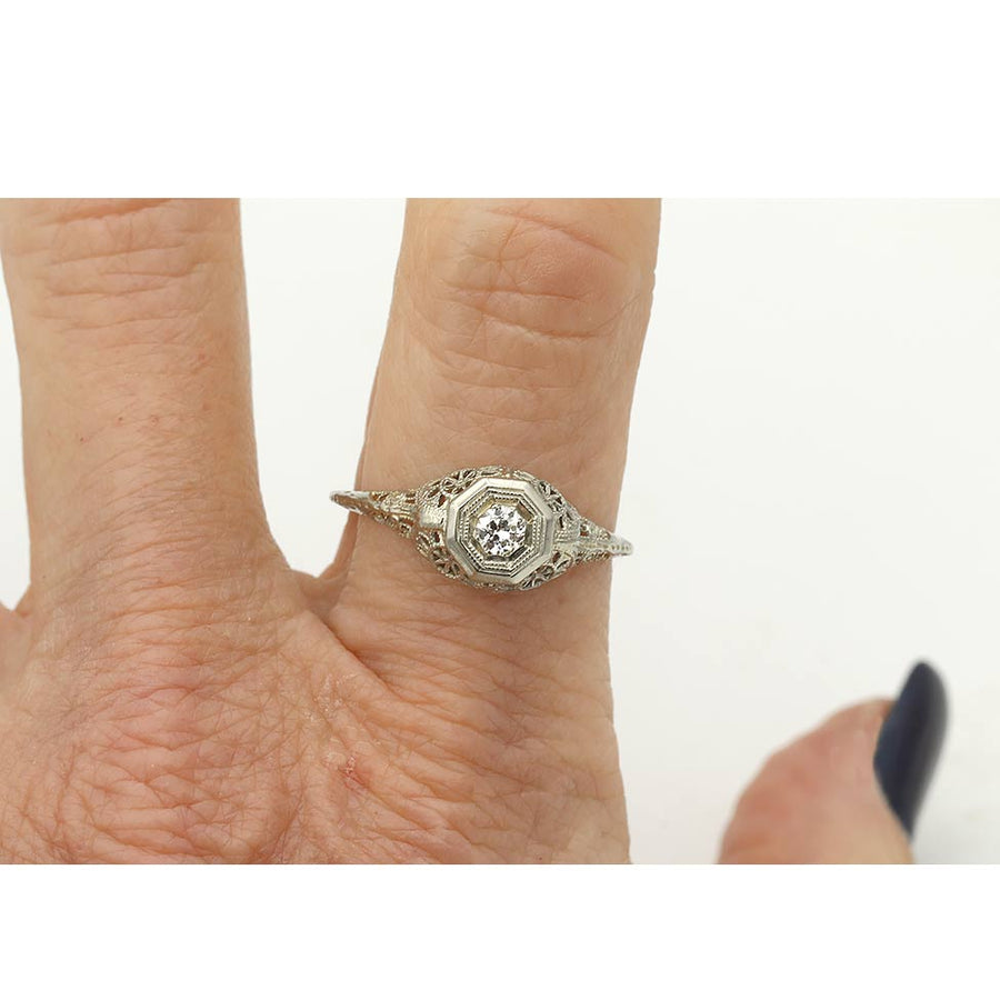 Antique 1920s .20ct Old European Cut Diamond Engagement Ring | F VS2 18k White Gold Filigree Octagon