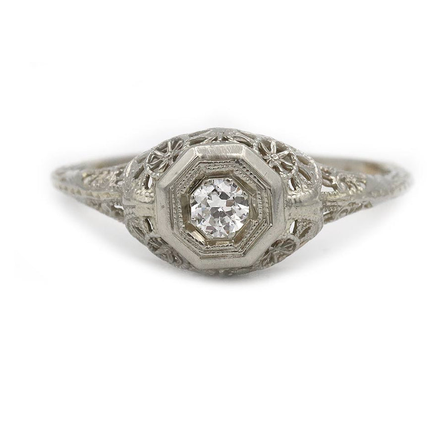 Antique 1920s .20ct Old European Cut Diamond Engagement Ring | F VS2 18k White Gold Filigree Octagon
