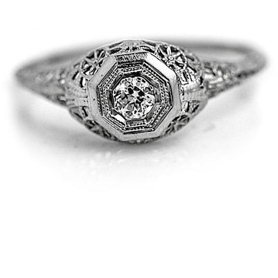 Antique .20 CTW 18 Karat White Gold Diamond Filigree Art Deco Solitaire Engagement Ring