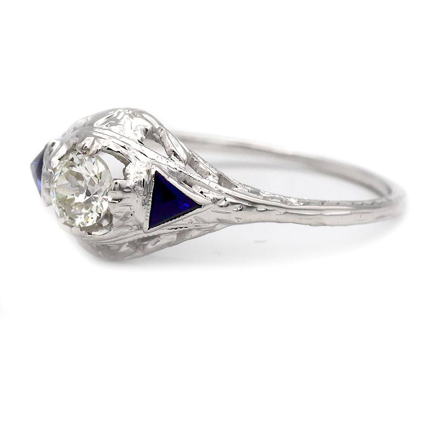 Art Deco .50 CTW Old Mine Cut Diamond & Sapphire Engagement Ring