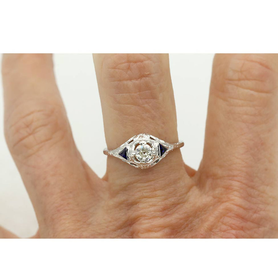 Art Deco .50 CTW Old Mine Cut Diamond & Sapphire Engagement Ring