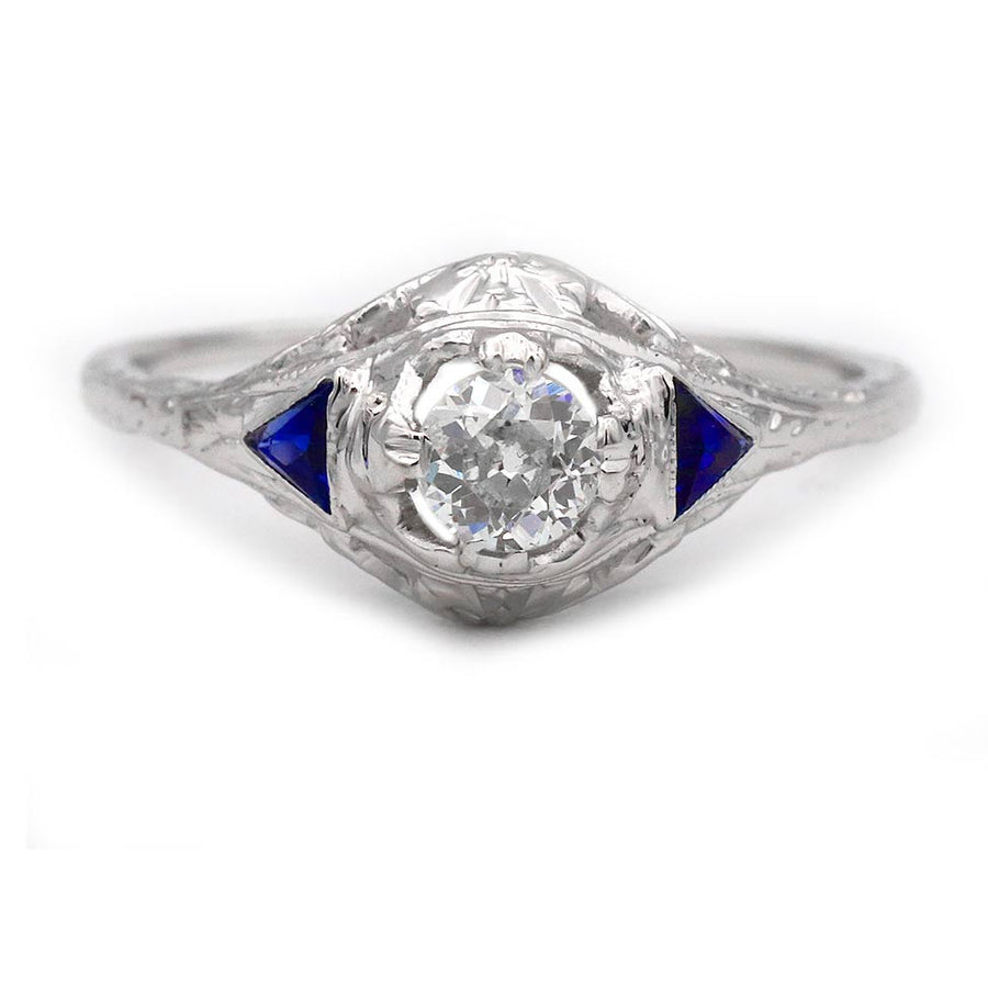 Art Deco .50 CTW Old Mine Cut Diamond & Sapphire Engagement Ring