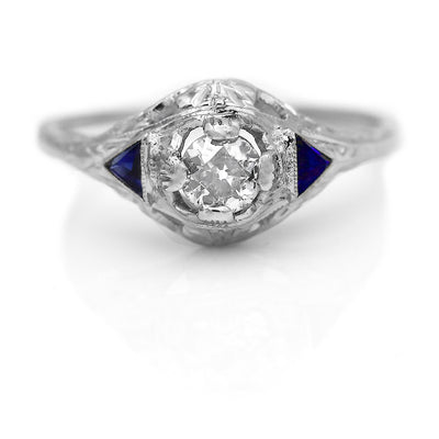 Art Deco .50 CTW Old Mine Cut Diamond & Sapphire Antique Engagement Ring