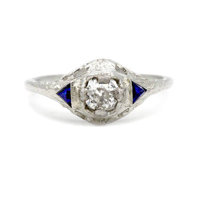 Art Deco .50 CTW Old Mine Cut Diamond & Sapphire Antique Engagement Ring - Vintage Diamond Ring