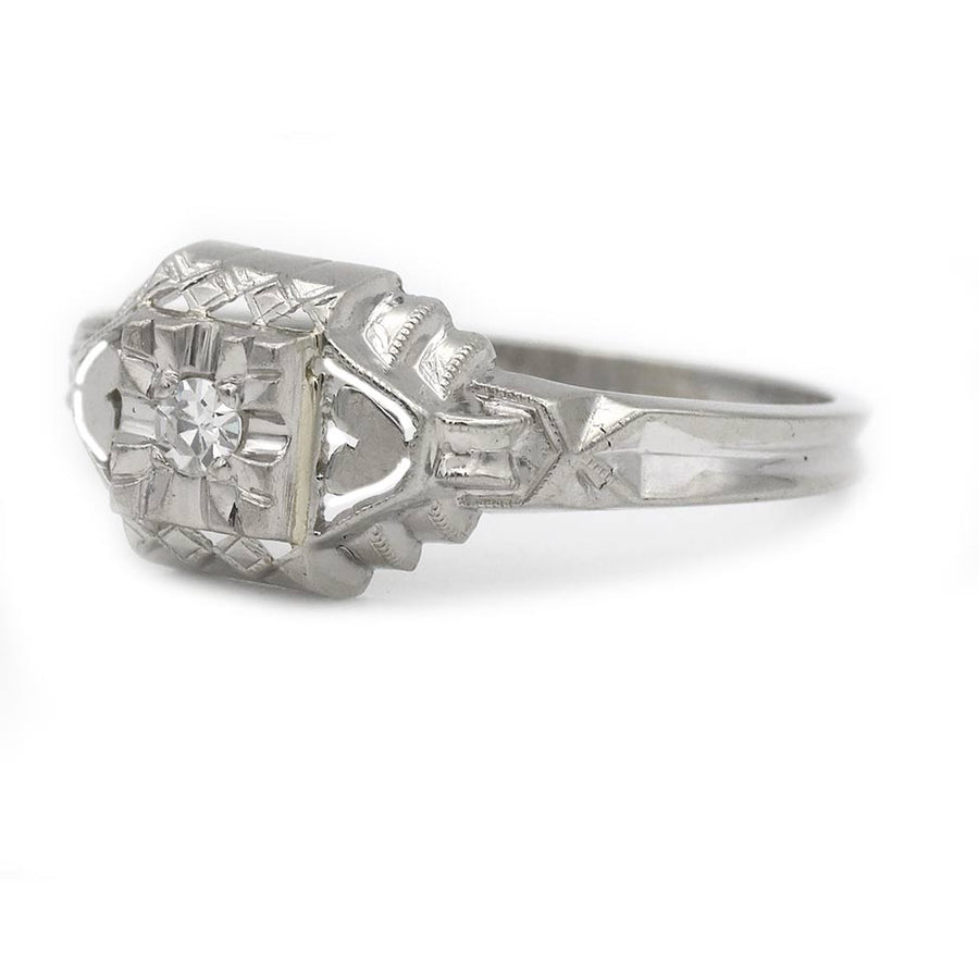 Art Deco .10 Ct Solitaire Diamond Antique Engagement Ring with Heart Motif