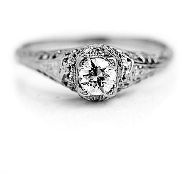 Art Deco .35 CTW Solitaire European Cut Vintage Diamond Ring with Filigree Engravings