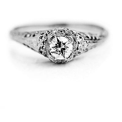 Art Deco .35 CTW Solitaire European Cut Vintage Diamond Ring with Filigree Engravings