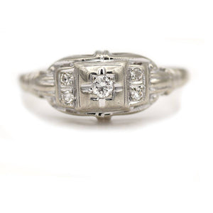 Art Deco .18 CTW Old Euro Cut Diamond 14 Karat White Gold Vintage Diamond Ring