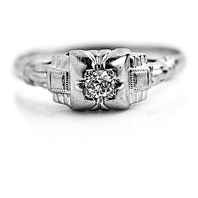 Art Deco .12 CTW Mine Cut Diamond Antique Engagement Ring with Engraved Band