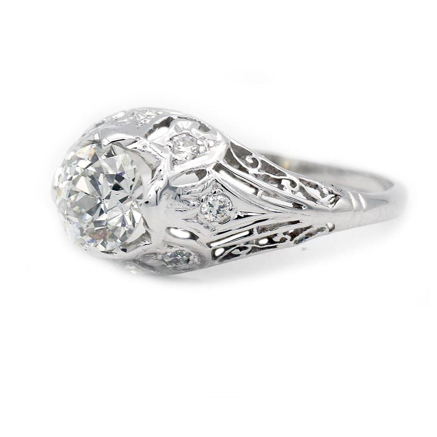 Art Deco .80 Ct Old European Cut Diamond Antique Engagement Ring in 18K White Gold