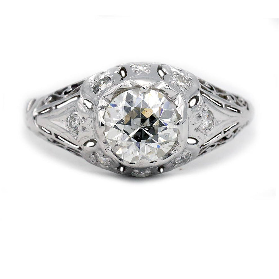Art Deco .80 Ct Old European Cut Diamond Antique Engagement Ring in 18K White Gold
